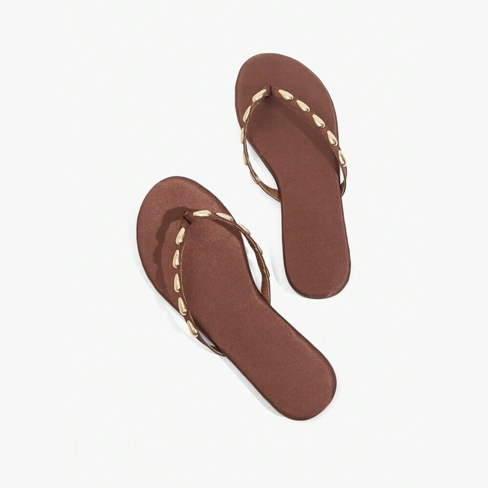 Chocolate Brown Studded Thong Toe Post Sandals with Gold Trim